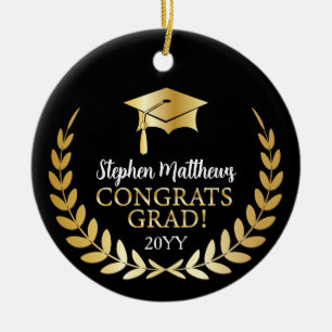 Congrats Grad Laurel Wreath Year Name Black Ceramic Ornament