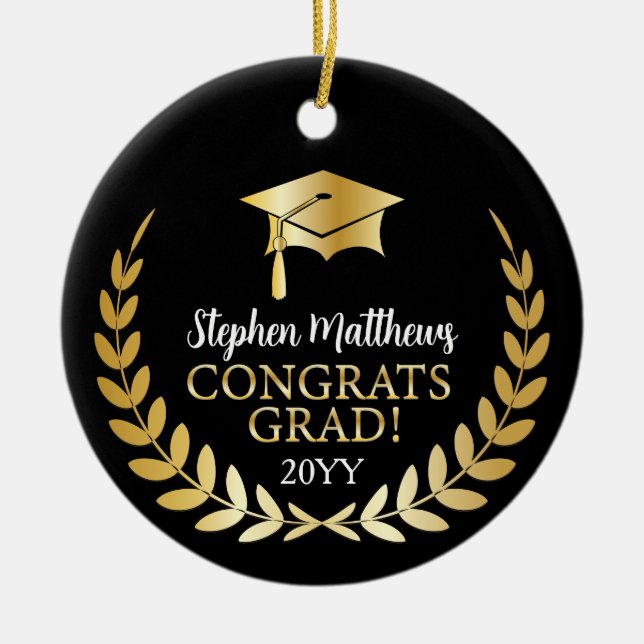 Congrats Grad Laurel Wreath Year Name Black Ceramic Ornament (Front)