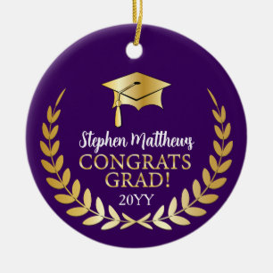 Congrats Grad Laurel Wreath Year Name Dk Purple Ceramic Ornament