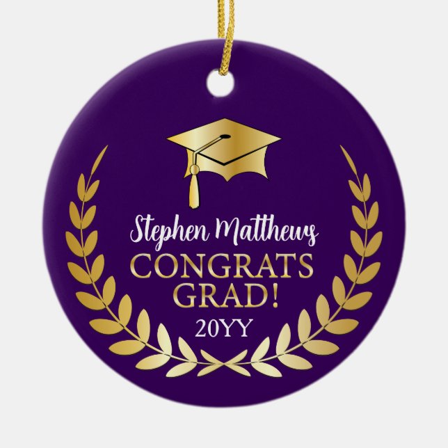 Congrats Grad Laurel Wreath Year Name Dk Purple Ceramic Ornament (Front)