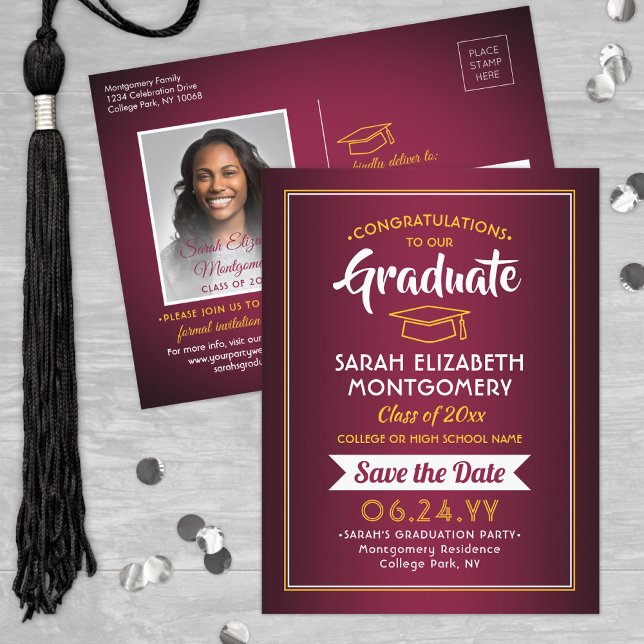 Congrats Grad Maroon & Gold Save the Date Photo Announcement Postcard (Creator Uploaded)