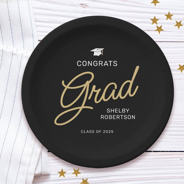 Congrats Grad Modern Script Black Graduation Paper Plate (Creator Uploaded)