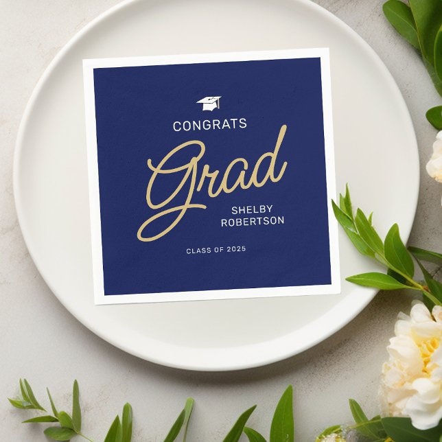 Congrats Grad Modern Script Navy Blue Graduation Napkin (Creator Uploaded)