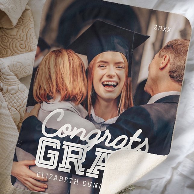 Congrats Grad Modern Simple Preppy Photo Sherpa Blanket (Creator Uploaded)