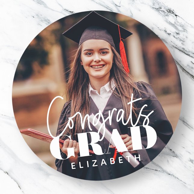 Congrats Grad Modern Simple Script Custom Photo Classic Round Sticker (Creator Uploaded)