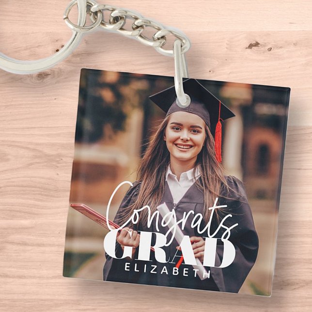 Congrats Grad Modern Simple Script Custom Photo Key Ring (Creator Uploaded)