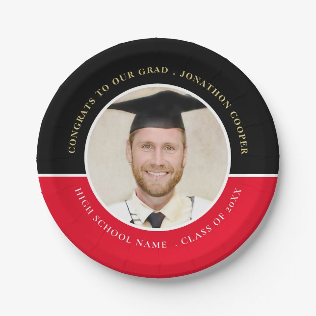 Congrats Grad Name Photo Gold Black Red Graduation Paper Plate (Front)