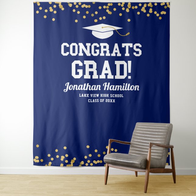 Congrats Grad Navy Blue Grad Party Backdrop Tapestry (In Situ)