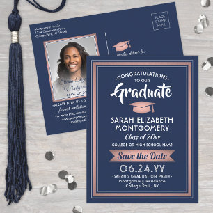 Congrats Grad Navy Blue & Pink Save the Date Photo Announcement Postcard