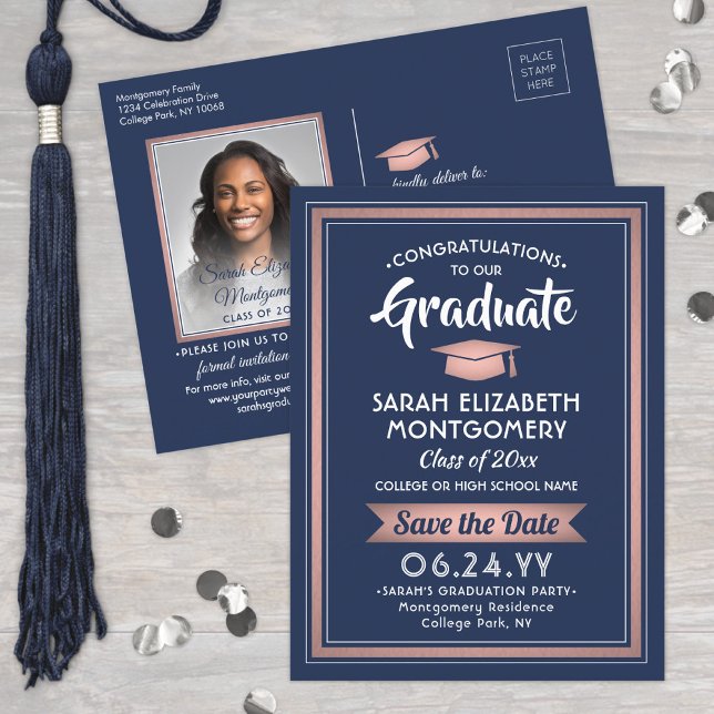 Congrats Grad Navy Blue & Pink Save the Date Photo Announcement Postcard (Creator Uploaded)