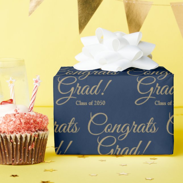 Congrats grad navy gold custom script class year wrapping paper (Birthday Party)