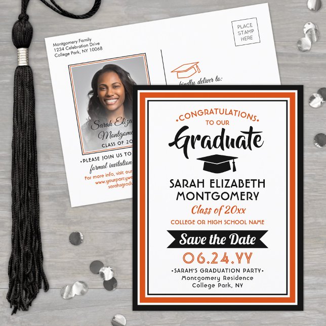 Congrats Grad Orange and Black Save the Date Photo Announcement Postcard (Creator Uploaded)