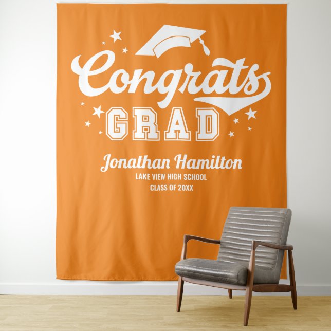 Congrats Grad Orange Graduation Party Backdrop Tapestry (In Situ)
