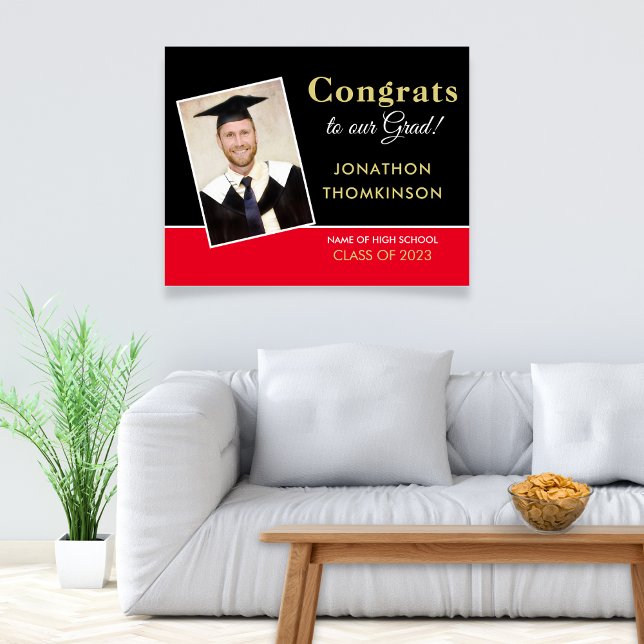 Congrats Grad Photo Black Red Gold 2025 Graduation Poster (Creator Uploaded)