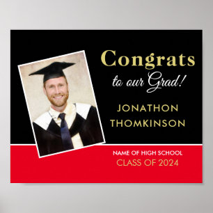 Congrats Grad Photo Black Red Gold Graduation Poster