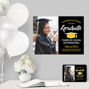 Congrats Grad Photo Black & Yellow Gold Graduation Poster