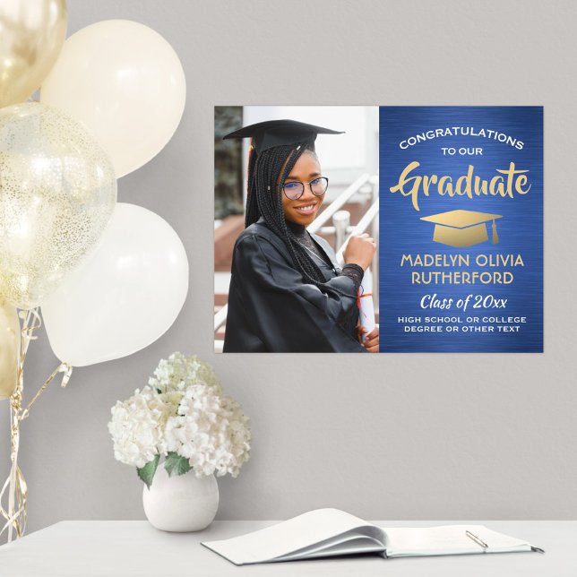 Congrats Grad Photo Brushed Blue & Gold Graduation Poster (Creator Uploaded)