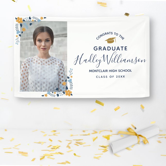 Congrats Grad Photo Flowers Navy Gold Graduation Banner (Creator Uploaded)