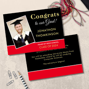 Congrats Grad Photo Gold Black Red 2024 Graduation Announcement