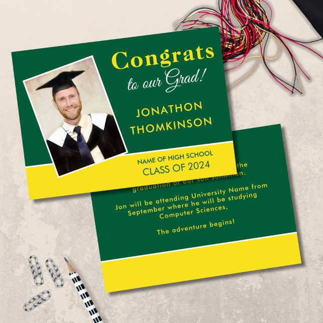 Congrats Grad Photo Green Yellow 2025 Graduation Announcement (front and back view)