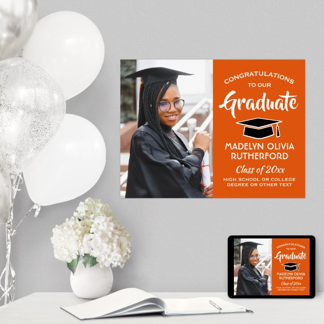 Congrats Grad Photo Orange Black White Graduation Poster (Creator Uploaded)