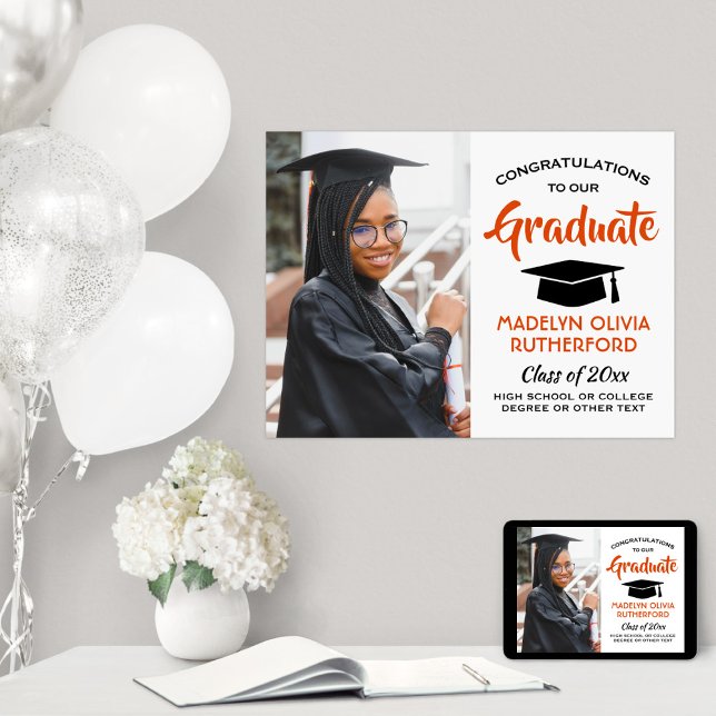 Congrats Grad Photo Orange White Black Graduation Poster (Creator Uploaded)