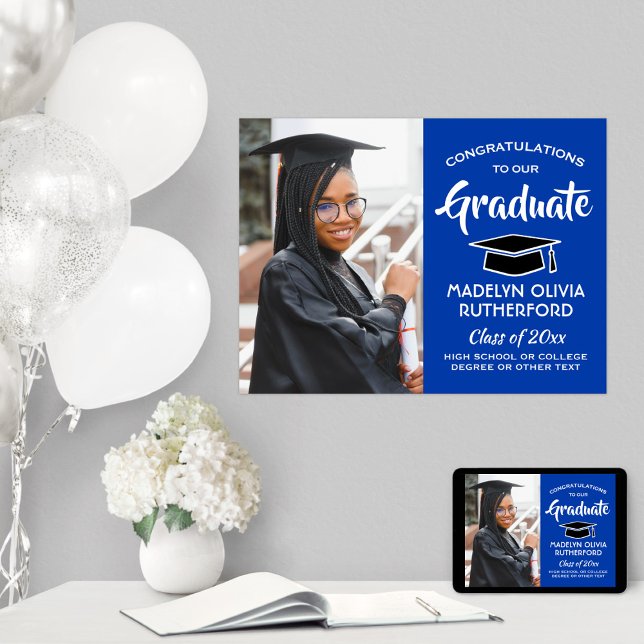 Congrats Grad Photo Royal Blue & White Graduation Poster (Creator Uploaded)