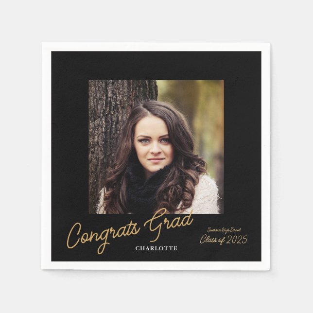 Congrats Grad Photo Script Graduation Party Napkin (Front)