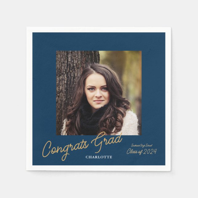Congrats Grad Photo Script Graduation Party Napkin (Front)