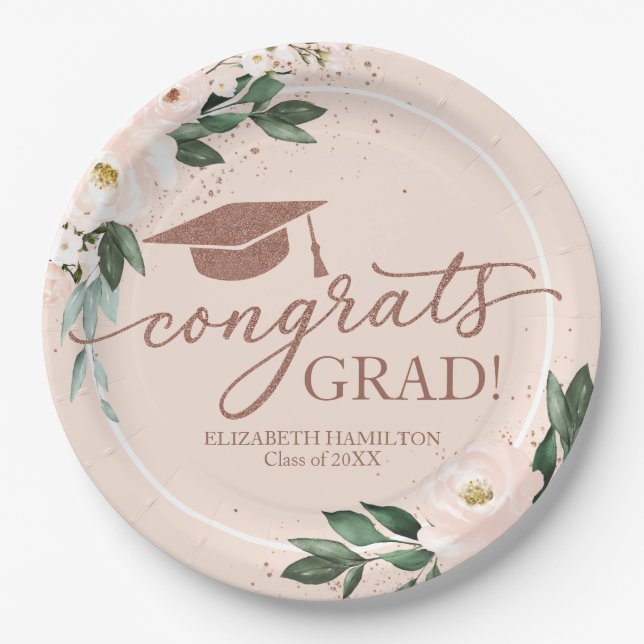 Congrats Grad Pink Blush Floral Graduation Party Paper Plate (Front)