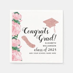 Congrats Grad Pink Flowers Class 2025 Graduation Napkin