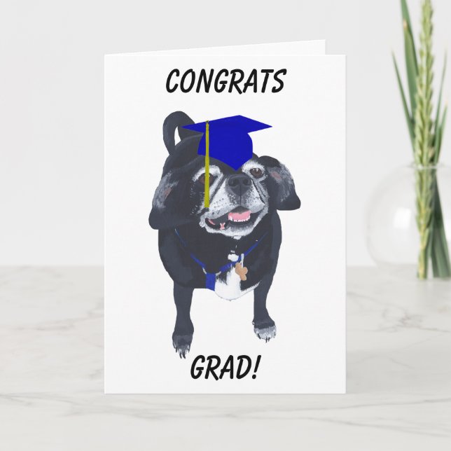 Congrats Grad Pug Dog Blue Cap and Tassel Cards (Front)