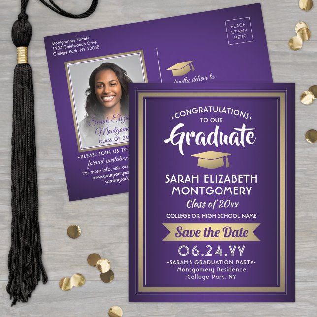 Congrats Grad Purple and Gold Save the Date Photo Announcement Postcard (Creator Uploaded)