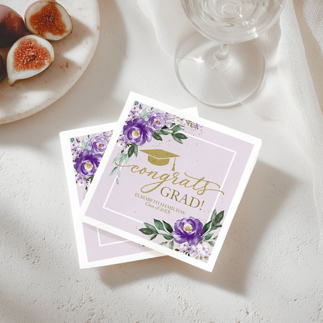 Congrats Grad Purple Lavender Floral Grad Party Napkin (Creator Uploaded)