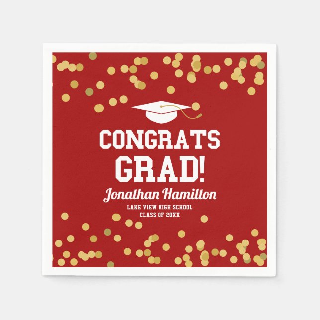 Congrats Grad Red Gold Confetti Grad Party Napkins (Front)