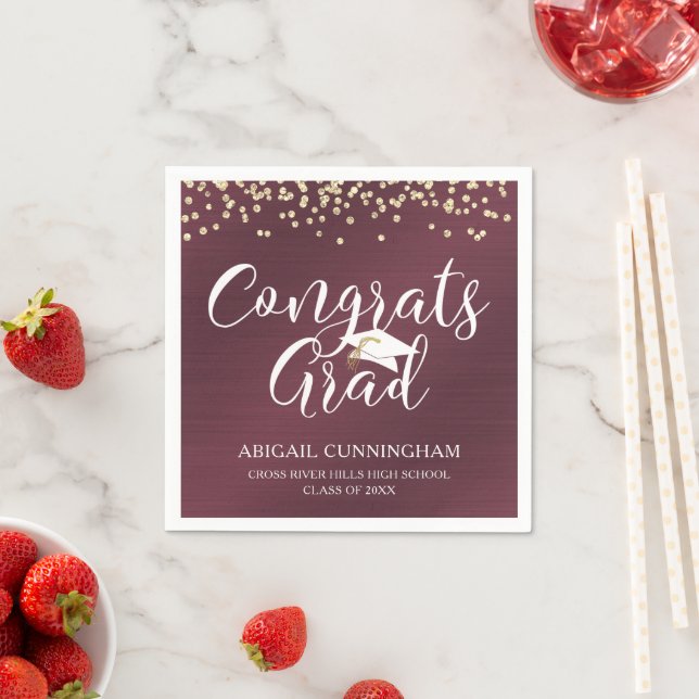 CONGRATS GRAD Script Typography Metallic Maroon Napkin (Insitu)