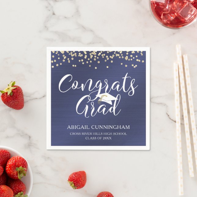 CONGRATS GRAD Script Typography Metallic Navy Blue Napkin (Insitu)
