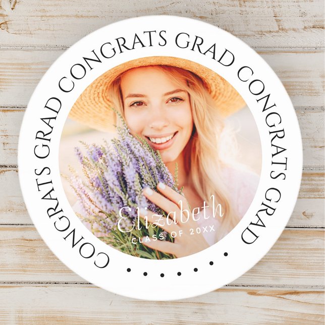 Congrats Grad Simple Modern Custom Photo Classic Round Sticker (Creator Uploaded)