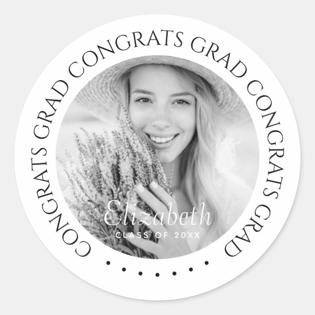 Congrats Grad Simple Modern Custom Photo Classic Round Sticker (Front)