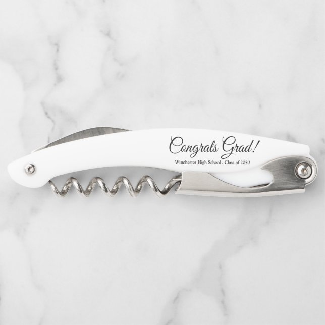 Congrats grad white black custom script class year corkscrew (Back)