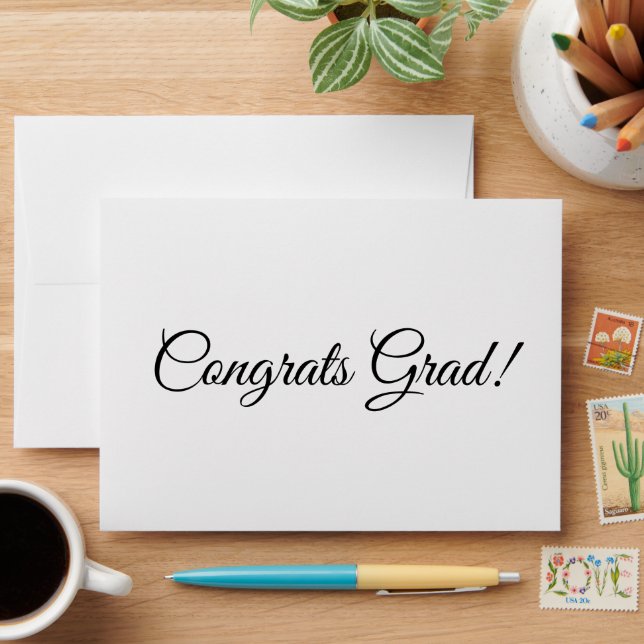 Congrats grad white black script simple elegant envelope (Desk)