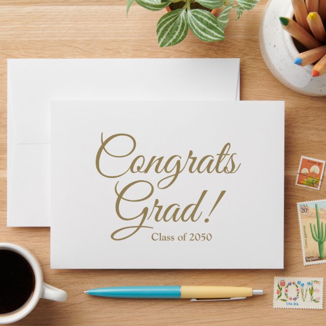 Congrats grad white gold script custom class year envelope (Desk)