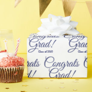 Congrats grad white navy blue script class year wrapping paper