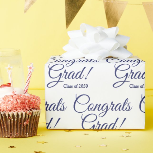 Congrats grad white navy blue script class year wrapping paper (Birthday Party)