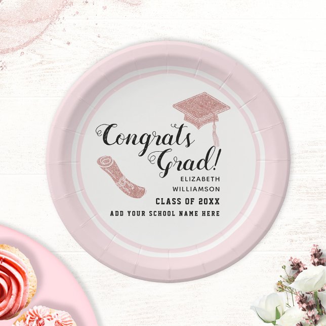 Congrats Grad White Pink Class 2025 Graduation Paper Plate (Creator Uploaded)