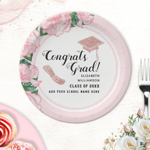Congrats Grad White Pink Floral Graduation Paper Plate