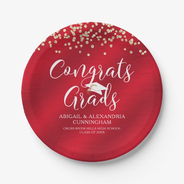 CONGRATS GRADS Red Gold Confetti Personalised Paper Plate (Front)