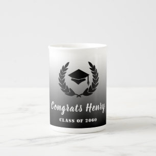 Congrats Graduate Black & White Gradient & Hat Bone China Mug