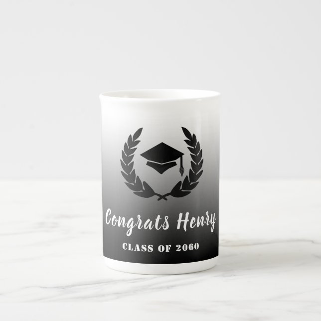 Congrats Graduate Black & White Gradient & Hat Bone China Mug (Front)