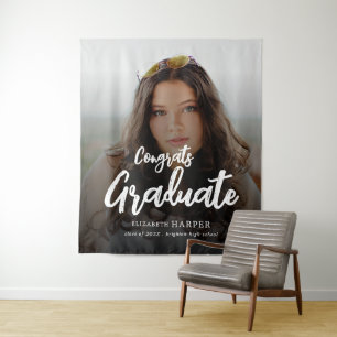 Congrats Graduate Brush Script Photo Graduation Tapestry